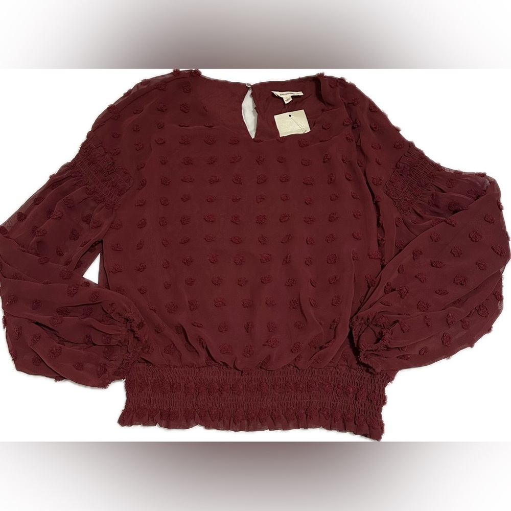 NWT ee:some Swiss Dot Flounce Sleeve Chiffon Blouse- Burgundy-women’s large